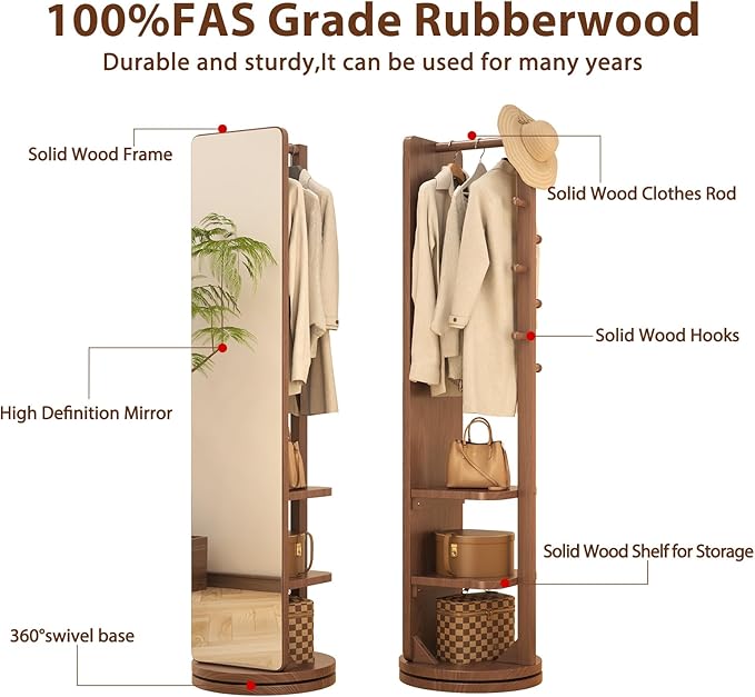 Full Length Mirror with Stand,Mirror Coat Rack,65.7 ''×15.8 ''Floor Mirror for Bedroom, Living Room, Dressing Room(Walnut)