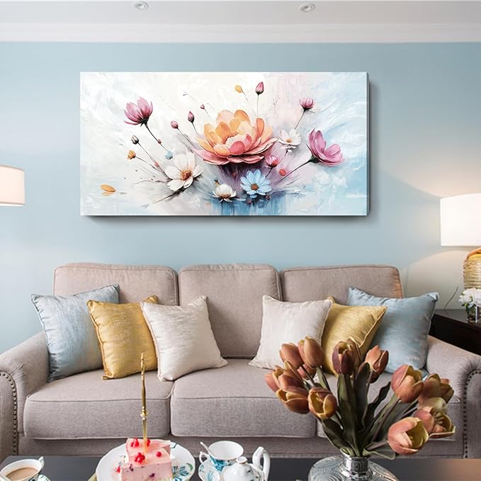 amatop Floral Canvas Wall Art – Framed Modern Abstract Botanical Print in Pink, Blue & White, Nature Art for Living Room, Bedroom & Office Decor (48x24 Inches)