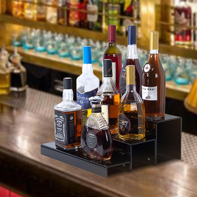 2 Pack Tiers Bar Shelves for Liquor Bottles, 15" Clear Acrylic Risers Display Racks Stands for Figures Pops Cupcake Perfume Collections (Black)