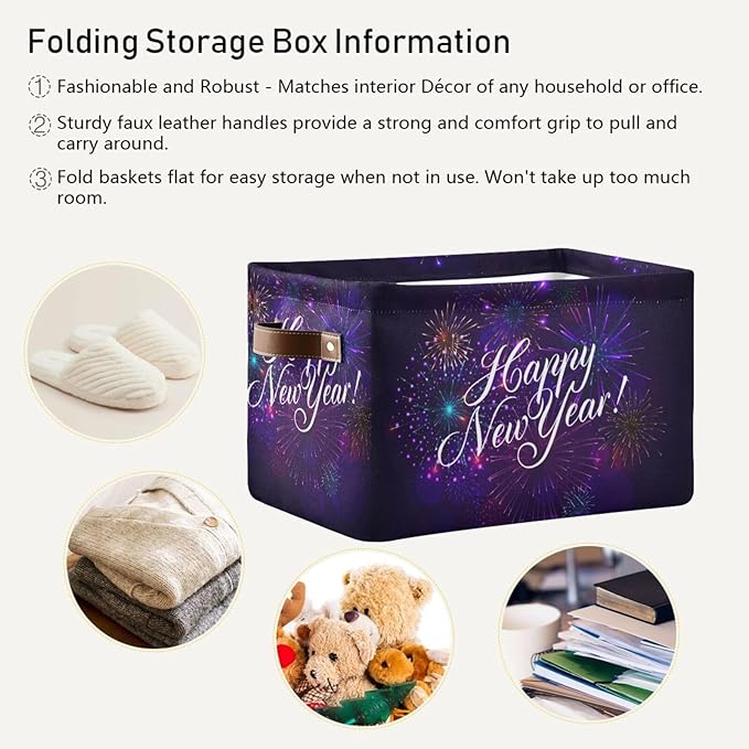 Storage Basket Happy New Year Cube Storage Bins Organizer Bag Collapsible Closet Shelf Baskets with handle for Cloth Book 14.2×10.2×8.3 IN