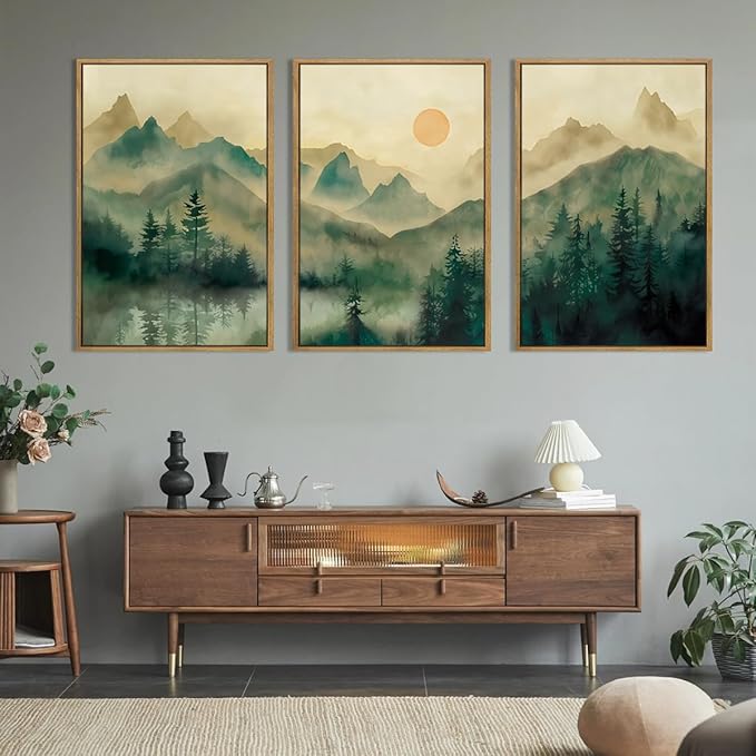 IARTTOP Large Forest Green Wall Art Framed 24x36 Inch Foggy Mountain Landscape Canvas Art Prints Nature Landscape Wall Decor for Living Room Bedroom Office Set of 3