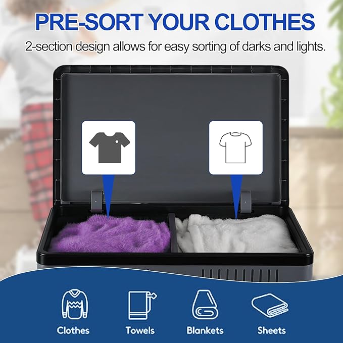 120 L Large Double Laundry Hamper with Lid and Wheels, 2 Section Plastic Laundry Basket with Wheels, Foldable Rolling Clothes Basket for Bathroom Bedroom, Gray