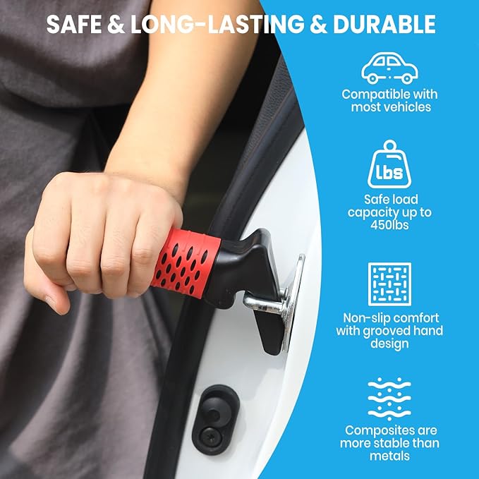 Car Door Handle for Elderly, Car Handle Assist Support, Portable Elderly Assistance Mobility Aids Auto Grab Cane with Strap for Seniors and Handicapped Getting Out of Car, Red, 2 Pack