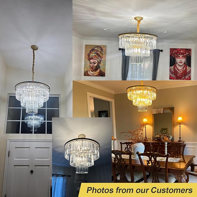 12-Light 23.64" Gold Modern Crystal Chandelier Crystal Pendant Chandeliers Light Fixture 3-Tier Hanging Lighting for Living Dinning Room Bedroom Foyer