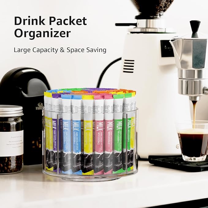 2-Pack Rotating Drink Mix Organizer, Spinning Drink Packet Holder, Clear Lazy Susan Turntable for Powdered Mixes, Divided Drink Storage Organizer