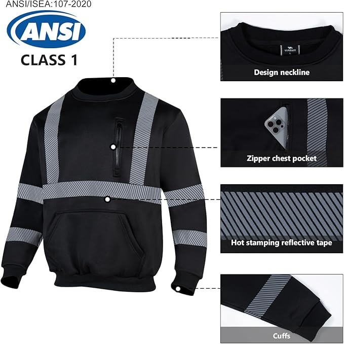 VENDACE Hi Vis Safety Sweatshirts for Men Reflective ANSI Class 3 High Visibility Construction Work Crew Sweatshirt No Hood