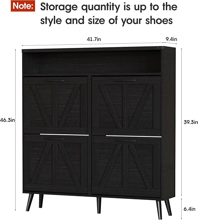Shoe Cabinet with 4 Flip Drawers,Farmhouse Shoe Storage Cabinet for Entryway,Narrow Freestanding Organizer Rack with Open Shelves for Foyer,Hallway,Black