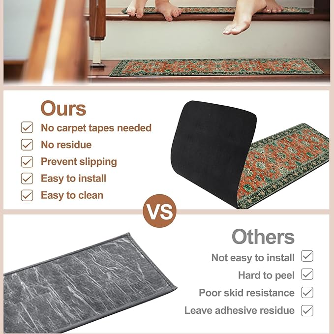 OJIA Vintage Stair Treads Non-Slip Stair Runners for Wooden Steps Indoor 15PCS 30"x8" Carpet Stair Treads Stair Mats Staircase Step Treads for Kids, Elders and Dogs, Stair Covers, Red