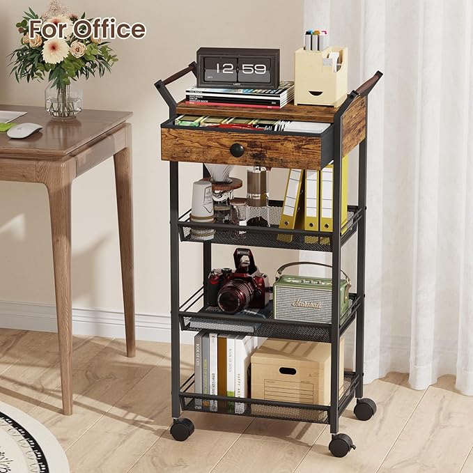 5-Tier Storage Cart, Rolling Utility Cart, Metal Fruit Vegetable Basket for Kitchen, with Handle, Lockable Wheels, Drawer, Rolling Cart Organizer for Pantry, Makeup, Rustic Brown