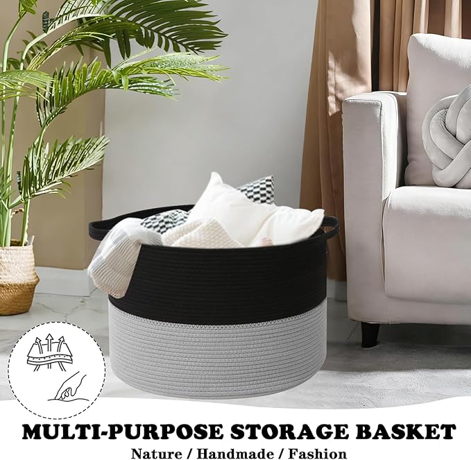 Large Storage Basket with Handle,23.6" x 23.6" x 15.7" Blanket Basket Storage Bins for Organizing,65L Cotton Rope Woven Baskets for Living Room, Nursery ,Bedroom,Black&Light Grey