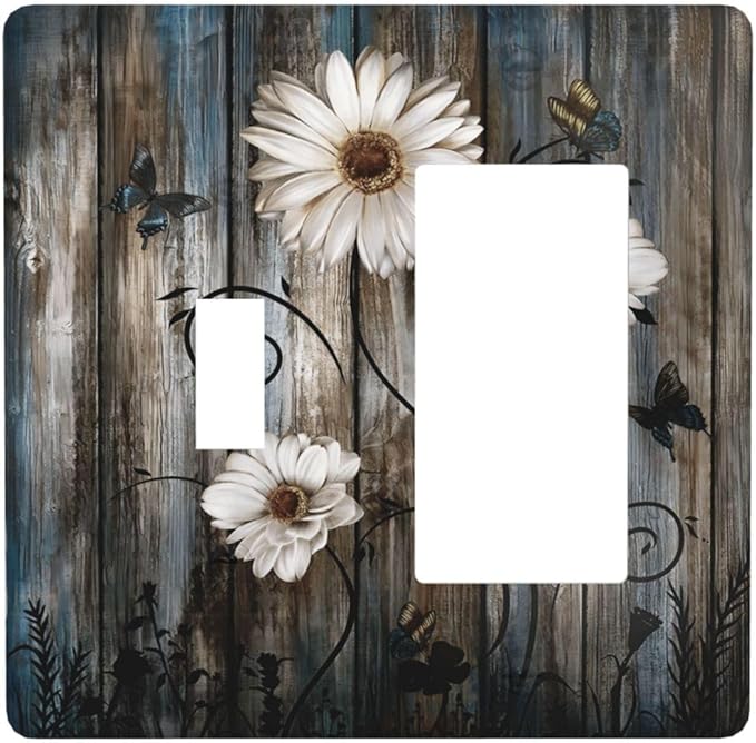 Rustic Wood Background Floral Butterfly Daisy Outlet Covers 1 Toggle 1 Rocker Combination Decorative Wall Plate Electrical Switch Plates Light Switch Cover Plate for Farmhouse Bedroom Decor