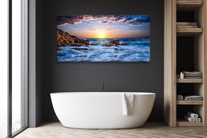 Muolunna BK05862 Wall Art Decor Canvas Print Picture Sunset Blue Ocean 1 Panel Sea Waves Scenery Painting Artwork for Office Wall Decor Home Decoration Stretched and Framed Ready to Hang 24x48inch