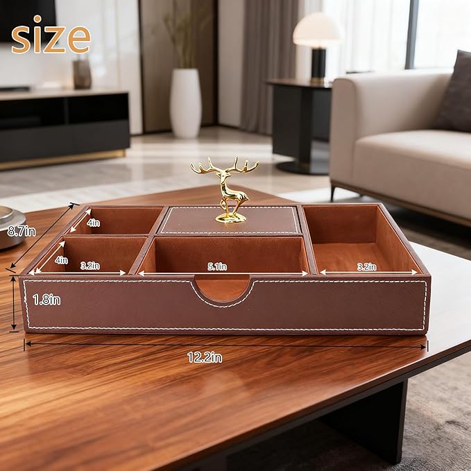 Jewelry Trays Nightstand Organizer, Valet Tray for Men and Women, Tray Organizer,Can hold Mobile phones, watches, cosmetics, keys. Dark Brown Faux Leather, 5 Compartment