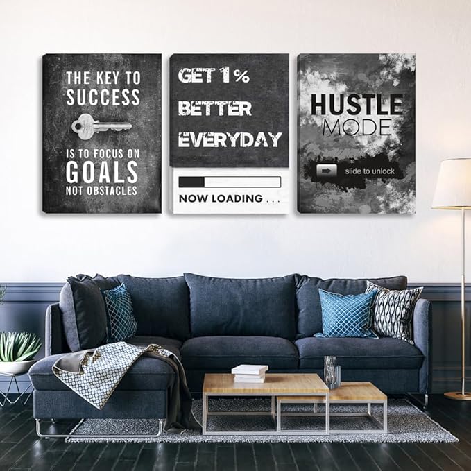 Large Black Inspirational Wall Art Motivational Wall Art 3 Pieces Canvas Wall Art Office Decor Hustle Quotes Poster Painting Print Artwork Framed for Bedroom Living Room Gym(72''Wx 36''H)