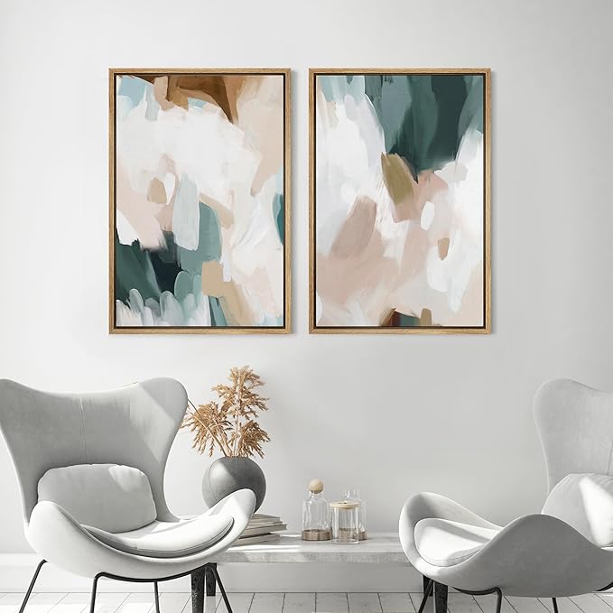 MUDECOR Framed Canvas Print Wall Art Watercolor Pastel White Blue Pattern Abstract Illustrations Modern Art Decorative Bohemian Colorful Chic for Living Room, Bedroom, Office - 16"x24"x2 Natural