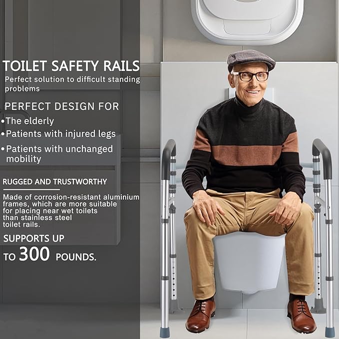Toilet Safety Rails, Adjustable Toilet Frame for Elderly, Seniors, Handicap & Disabled, Foldable Handicap Toilet Handles Fit Any Toilets (300 LB)