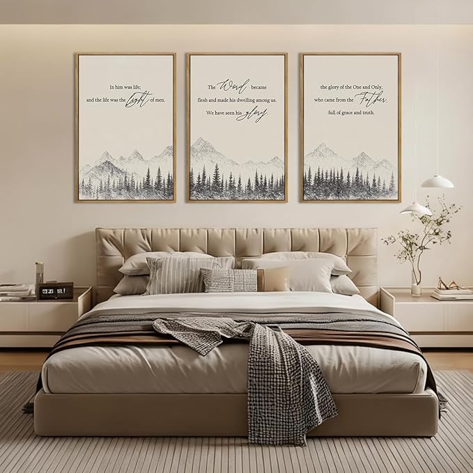 IARTTOP Extra Large Christian Bible Verse Framed Wall Art 24x36 Inch Set of 3 Jesus Catholic Biblical Scripture Canvas Wall Decor Minimalist Grey Mountain Landscape Prints for Living room Dining room