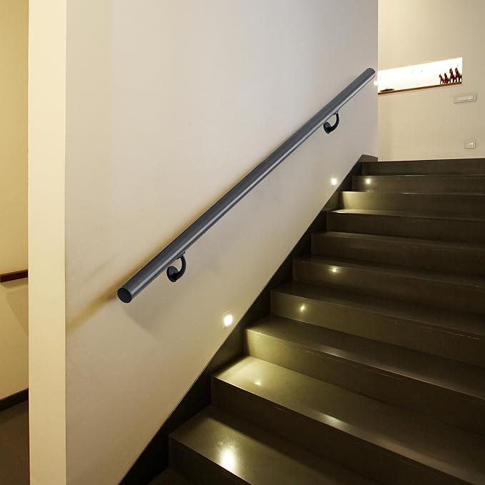6FT Modern Aluminum Handrail Set, handrails for Indoor Stairs,Deck,Slope, Wall Mounted Staircase handrails, Zink Alloy Brackets Included,Rust Free. (Matte Black, 6 FT)