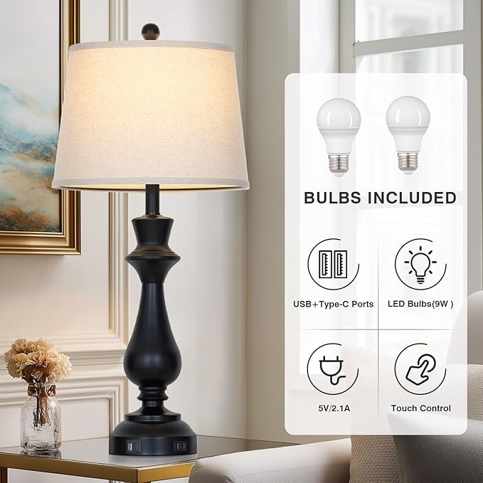 Modern Black Table Lamp for Living Room,30" Tall Bedside Lamp with USB Charging Port,3-Way Dimmable Touch Nightstand Lamp for Bedroom Desk Side Table Office,Black-1P