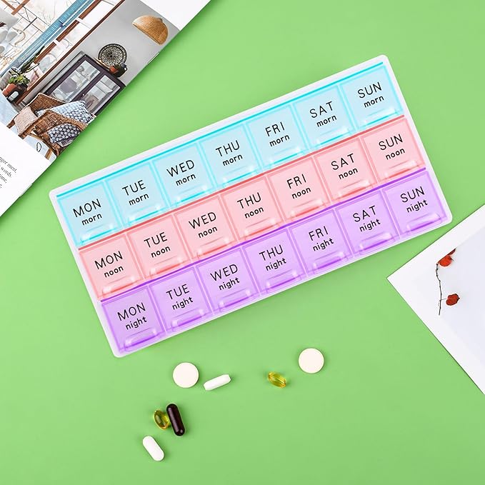 Large Weekly Pill Organizer 3 Times A Day,Travel Pill Cases ，Moisture-Proof 7 Day Pill Contaner, Portable for Pills Vitamin Fish Oil Supplements,Medicine Organizer（2Pack）