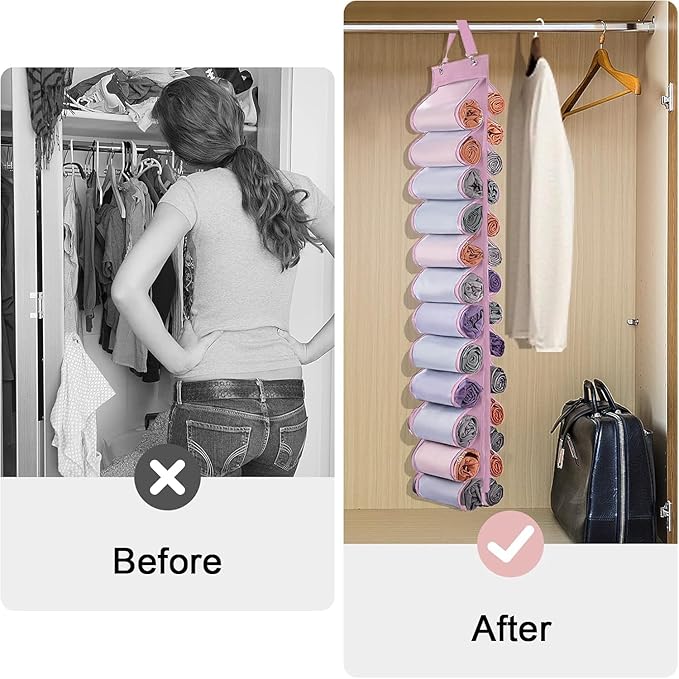 Legging Organizer Storage, 2PCS T Shirt Organizer, Foldable Hanging Closet Organizer Storage with 26 Roll Independent Compartments for Yoga Pants, Tank Top, Towel, Underwear (Pink)