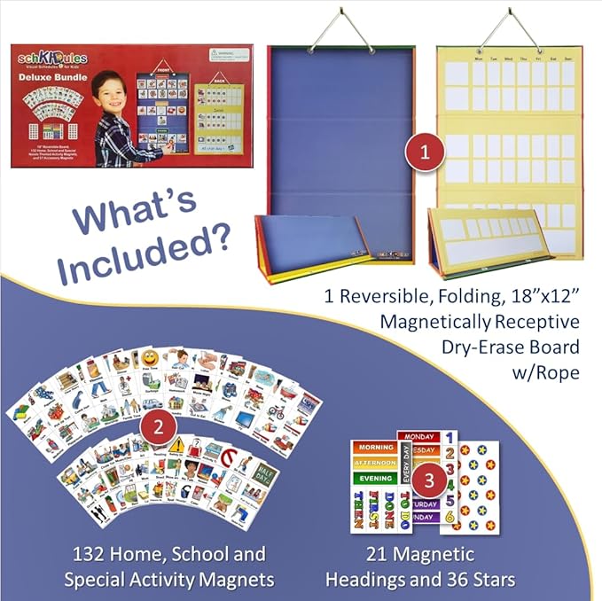 SchKIDules Deluxe Magnetic Visual Schedule & Reward Chart w/189 Colorful Magnets & Reversible 18” Folding Board for Daily Routines, Chores, Behavioral Supports, Kids Calendar, ADHD & Autism Icons