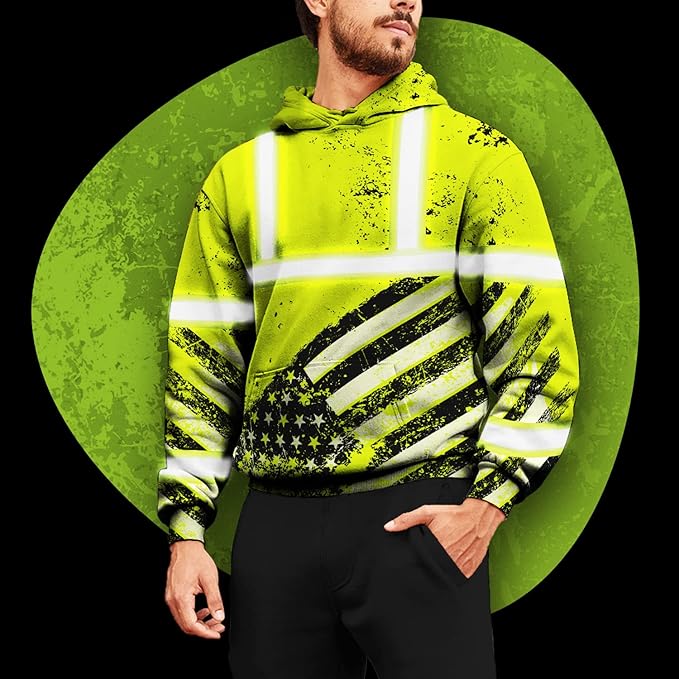 US Flag High Visibility Hoodie for Men Reflective Hoodie Safety Workwear for Worker Runner Patriotic ACC02