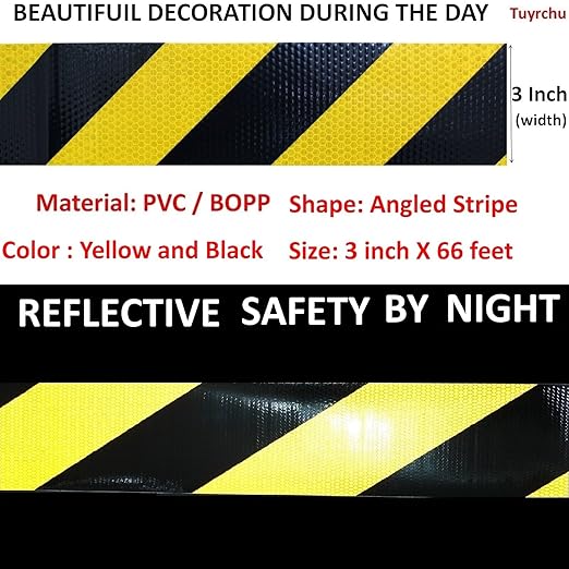 Yellow Black Reflective Tape Outdoor Waterproof 3 inch X 66 feet, High Visibility Hazard Conspicuity Safety Industrial Marking Tape