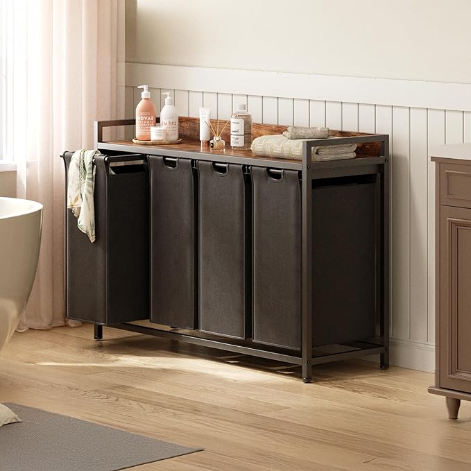 Laundry Hamper with Shelf, Laundry Basket 4 Section, Laundry Sorter with Pull-Out Removable Large Bags and Movable Wheels, Metal Frame, 4 x 15.87 Gallons (60L), Rustic Brown + Black PF07XLY