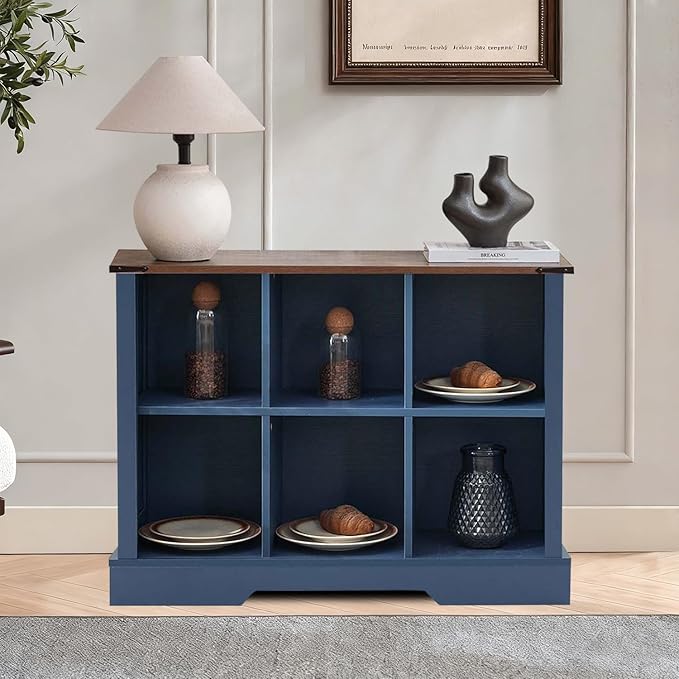 6 Cube Bookcase, Wooden Cube Storage Organizer Shelf, Blue Horizontal Book Shelf with LED Lights, Freestanding Display Cabinet for Living Room, Hallway TV Stand for Entryway