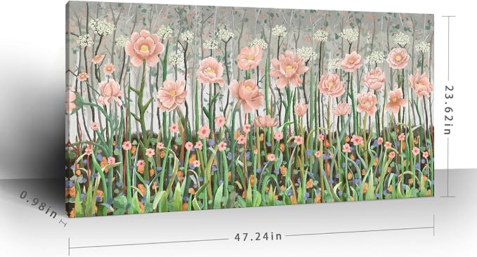 amatop Botanical Wildflower Wall Art, Large Rustic-Inspired Pink and Green Forest Canvas Print – Nature Flower Picture for Living Room, Bedroom & Cabin Home Decor (48x24in)