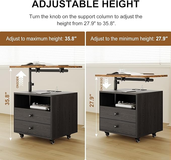 Bedroom Nightstand with Drawers & Charging Station, Adjustable Height Bedside Table with Wheels, Wooden Small Sofa Side Tables with Storage for Living Room, Black Brown