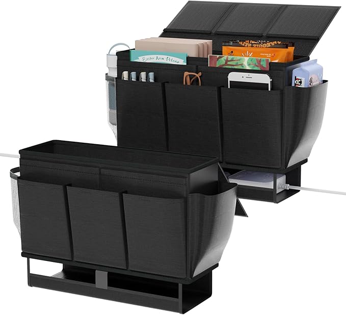 Bedside Caddy, Bed Organizer with 11 Pockets and Power Strip Holder,Versatile Bedside Storage Caddy for Home,Dorm,Bunk,Hospital,Crib Bed (2 Pack Black)
