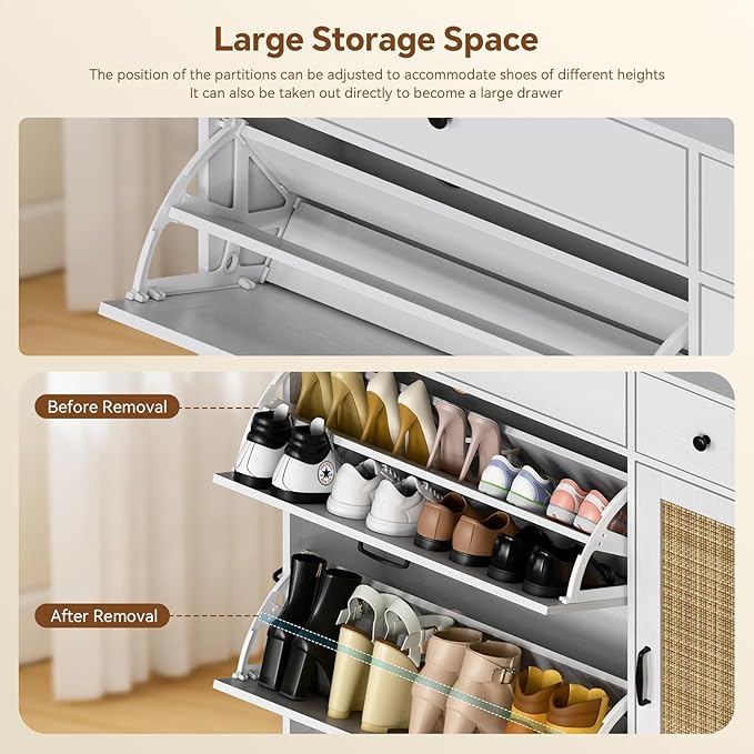 Shoe Cabinet with 2 Flip Cabinets & Side Cabinet, Shoes Cabinet with Adjustable Shelves, Shoe Storage Organizer for Entryway, Hallway Living Room, Space-Saving, White