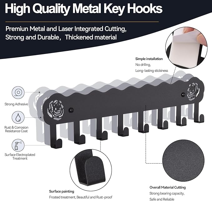 Key Holder Hooks Organizer Hanger Rack Wall Mounted with 8 Hooks, Adhesive Key Holder for Wall, No Drill Modern Key Holder Wall Mount, for Entryway, Kitchen, Hallway, RV Decor （Medium）
