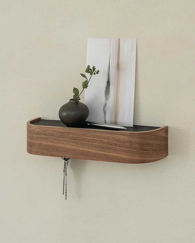 Kazai. Key Holder 'Toke' | Minimalist Key Hook Design from Berlin | Modern Key Holder Wall Mount with Wooden Shelf | Key Rack for Wall as Entryway Organizer | Walnut