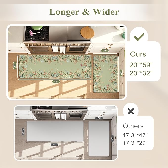 KIMODE Anti Fatigue Kitchen Mats 20"x59"+20"x32", Farmhouse Kitchen Rugs Sets of 2, Cushioned Non Skid Kitchen Mats for Floor, Comfort Kitchen Floor Mats for Sink Laundry Desk Sage Green