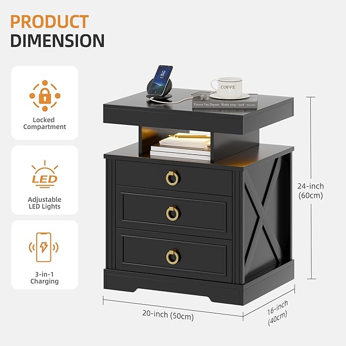 Gurexl Farmhouse Night Stand with Lockable Gun Drawer,LED Nightstand with Charging Station,Bedside Table with Human Sensor 3-Color Lights,End Table with 3 Drawers,Bedroom,Black