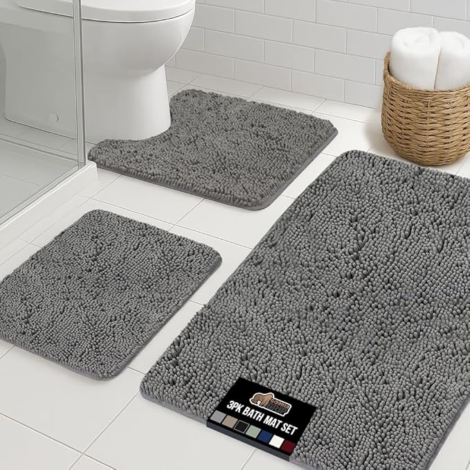 GORILLA GRIP Bathroom Rug Sets 3 Piece, Bath Mat Set and Oval Toilet Base with Rubber Backing, Plush Absorbent Shaggy Chenille Washable Mats, Includes 24x19.5, 24x17 and 36x24 Inch Rugs, Grey