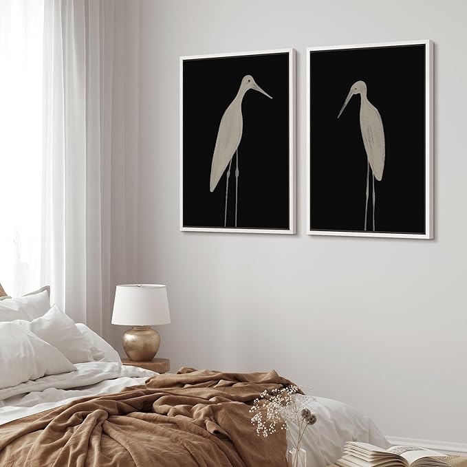 MUDECOR Framed Canvas Print Wall Art Minimalist Crane Silhouettes Illustrations Modern Art Decorative Bohemian Colorful for Living Room, Bedroom, Office - 16"x24"x2 White