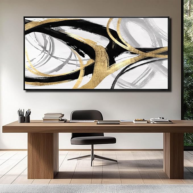 Abstract Wall Art Pictures for Living Room Gold Wall Decor Line Art for Bedroom Kitchen Home Office Decoration Framed Art 24"x48"