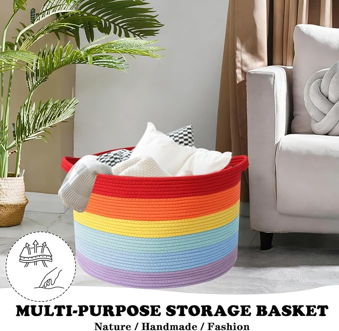 Large Storage Basket with Handle,19.7" L x 19.7" W x 13" H Blanket Basket Storage Bins for Organizing,65L Cotton Rope Woven Baskets for Living Room, Nursery ,Bedroom,Rainbow