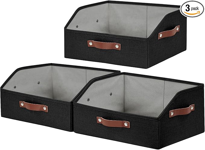 Closet Organizers and Storage, Linen Trapezoid Storage Bins with Handles, Collapsible Shelf Organizer for Blanket, Towel, Clothes, Hats, Purse (Black)