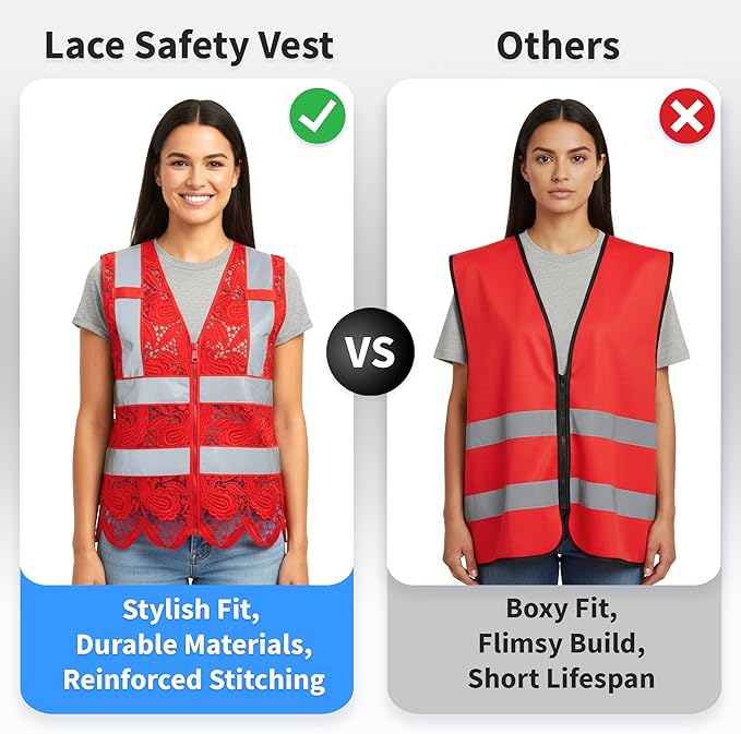 Lace-Mesh Safety Vest for Women & Men - Breathable, High Visibility Vest with Zipper & ANSI Class 2 Reflective Strips