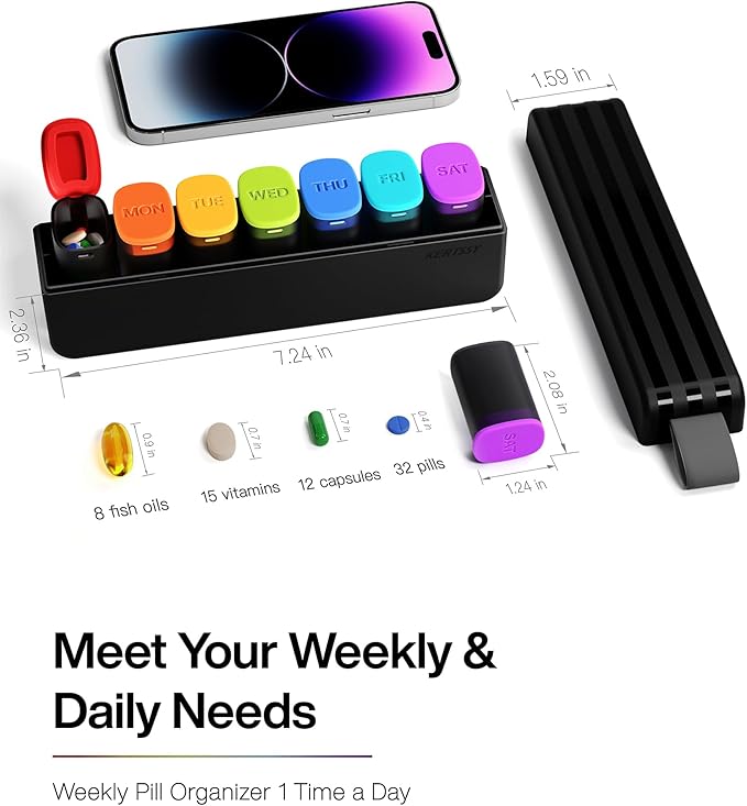 Weekly Pill Organizer 1 Time a Day - Travel Pill Box 7 Days, Large Medicine Pill Case Container for Daily Medication Vitamin Supplement Fish Oil, Portable Week Pills Organizers Holder Dispenser, Black