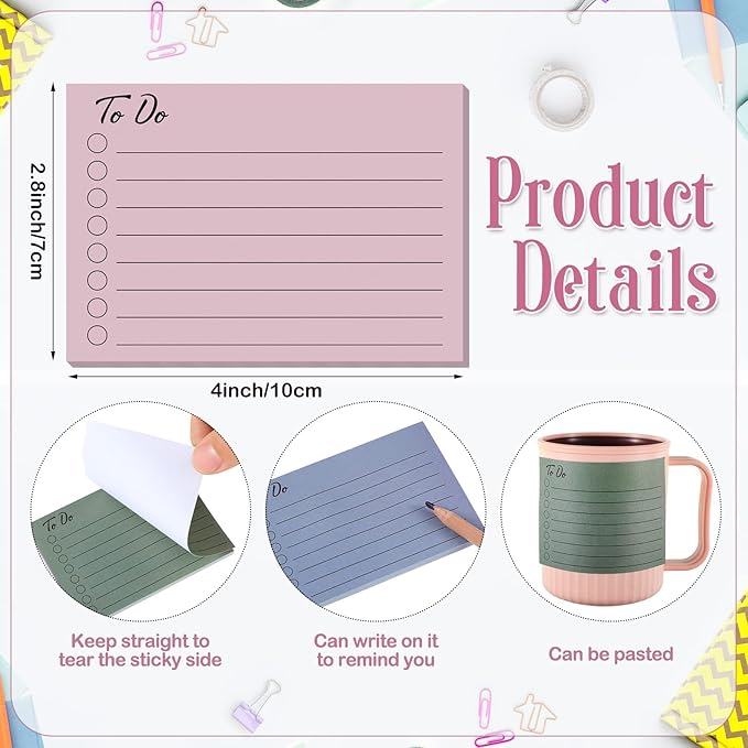 Pajean 9 Pcs/450 Sheet to Do List Sticky Note 3x4 Inch Self Stick Pads with Line Colored Planner Sticky Note Adhesive Memo for Office, Meeting, School, Study, Home Reminder (Modern Color)
