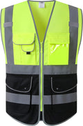 JKSafety 9 Pockets High Visible Reflective Safety Vest Zipper Front Breathable Lining, Yellow-Black Meets ANSI/ISEA Standards(150-Yellow-Black M