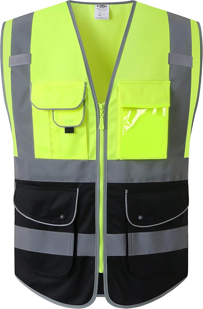 JKSafety 9 Pockets High Visibility Zipper Front Safety Vest With Reflective Strips,Meets ANSI/ISEA Standard (150-Yellow-Black, 3XL)