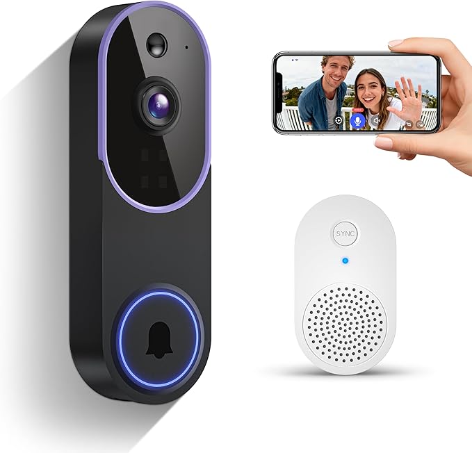 Smart 1080p Video Doorbell Camera with Doorbell Receiver, Live View, AI Human Detection, 2-Way Audio, Night Vision, Cloud Storage (Sold Separately), 2.4G WiFi
