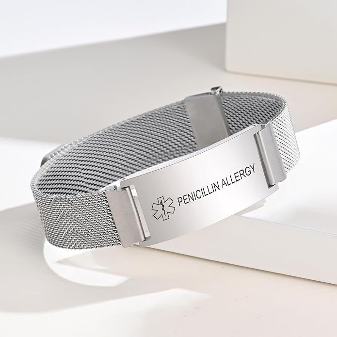 VNOX Medical Alert Id Bracelet for Men Women, Custom Engraving Adjustable Stainless Steel Customizable Mesh Emergency Survival Medic Bracelets Wristband Loop Band with Replacement Tag